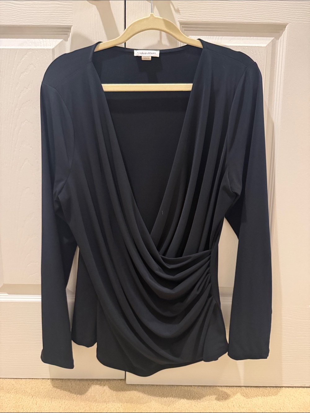 Calvin Klein Black Draped Surplice Long Sleeve Top